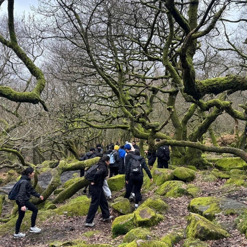 Members walking up a mossy woodland trail together on the charity hike.